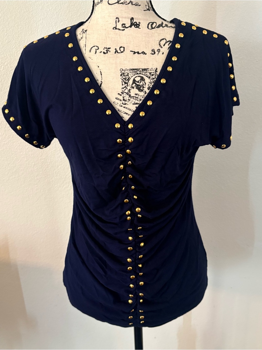Carmen Marc Valvo Navy Short-Sleeve V-Neck Top with Gold Studs